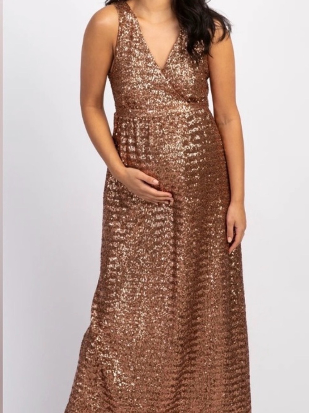 Pinkblush Rose Gold Sequin V-Neck Evening Gown Maxi Dress